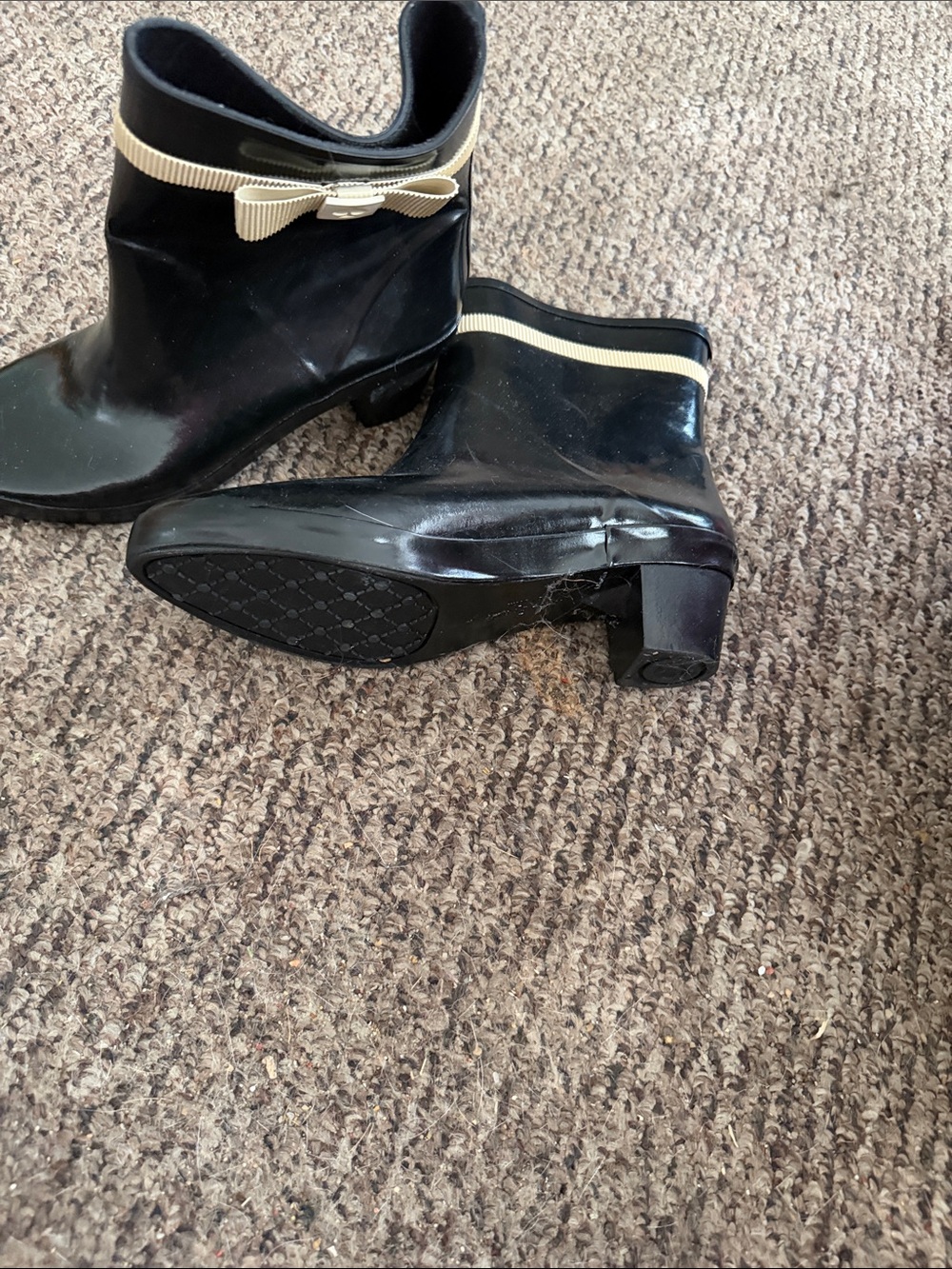 Women’s Black Rain Ankle Boots with Cream Bow Trim